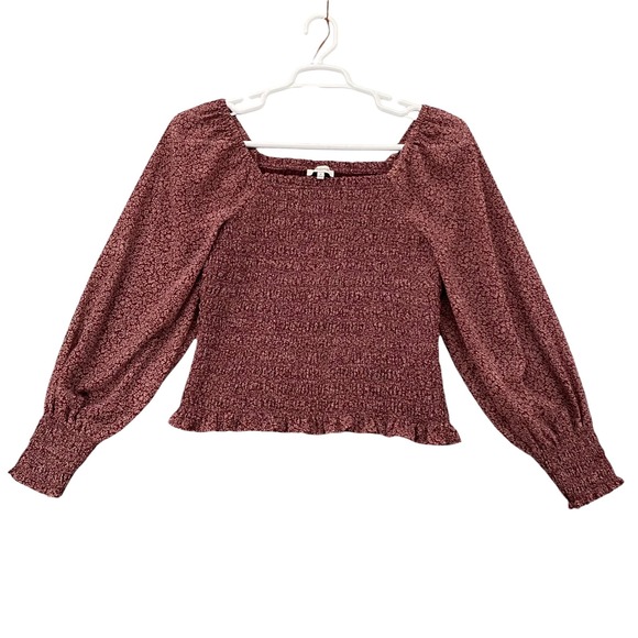 Madewell Tops - Madewell Burgundy Floral Smocked Square Neck Puff Sleeve Top Womens Medium M